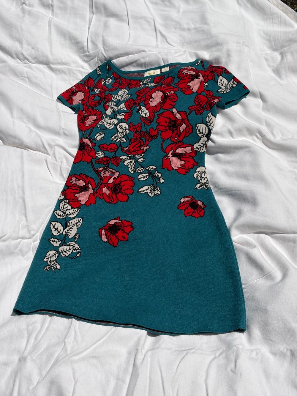 Anthropologie Maeve Teal Floral Knit Dress with Red Roses